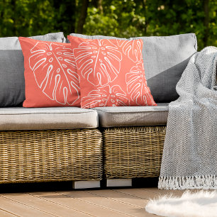 Coussin Motif de feuille tropicale blanche sur corail roug