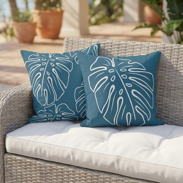 Coussin Motif de feuille tropicale blanche sur fond bleu s (Créateur téléchargé)
