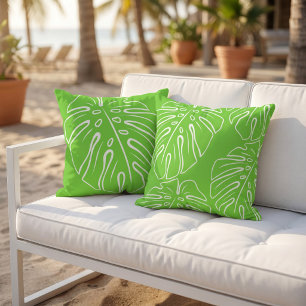 Coussin Motif de feuille tropicale blanche sur fond vert c