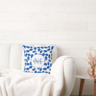 Coussin Motif de feuilles à l'aquarelle bleu royal indigo 