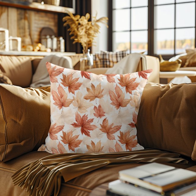 Coussin Motif de feuilles d'automne à l'aquarelle beige or (Créateur téléchargé)