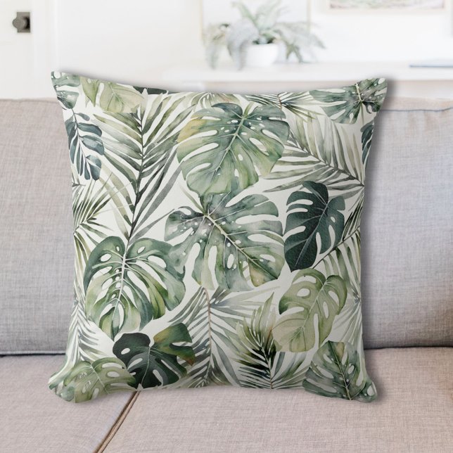 Coussin Motif de feuilles de forêt tropicale vert aquarell (In situ)