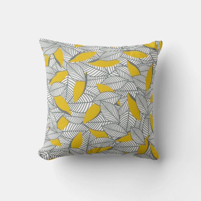 Coussin Motif de feuilles gris et jaune. (Recto)