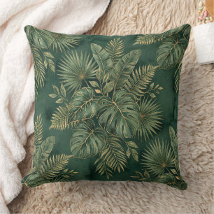 Coussin Motif de feuilles tropicales en or vert de luxe
