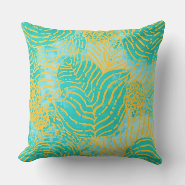 Coussin Motif de feuilles tropicales Jaune vert turquoise (Recto)