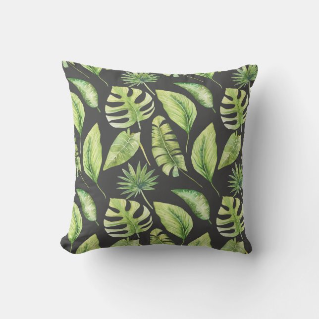 Coussin Motif de feuilles tropicales vertes botanique noir (Recto)