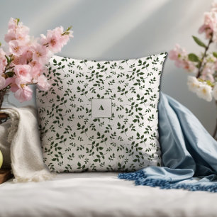Coussin Motif de feuilles vert blanc monogramme