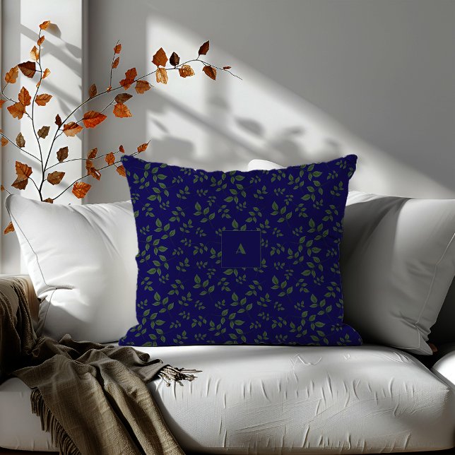 Coussin Motif de feuilles vert bleu foncé monogramme (Créateur téléchargé)