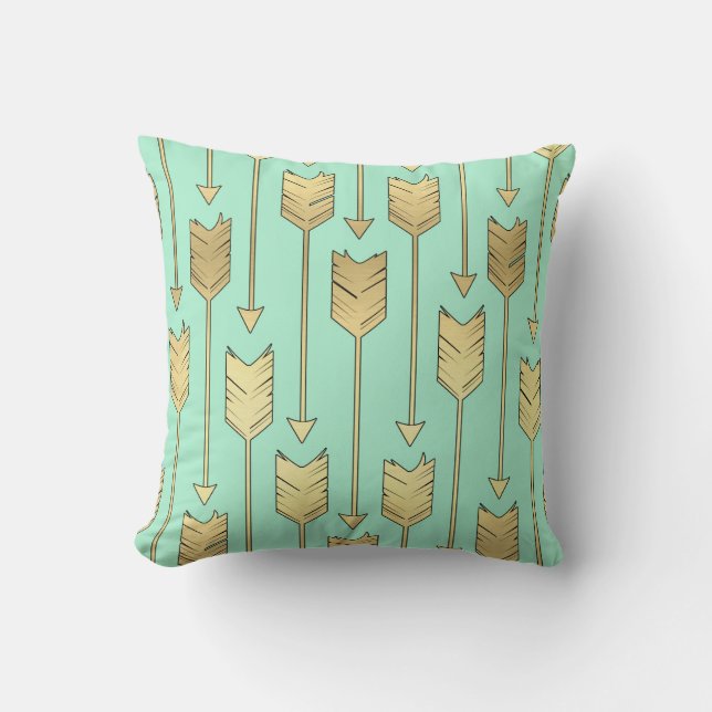 Coussin Motif de flèches de menthe de Boho et d'or de Faux (Recto)