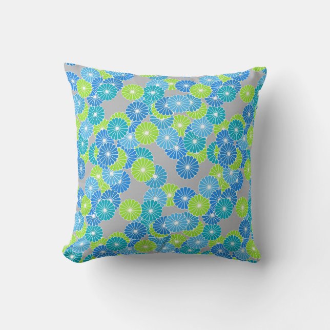 Coussin Motif de fleur d'art déco - bleu et vert de chaux (Recto)