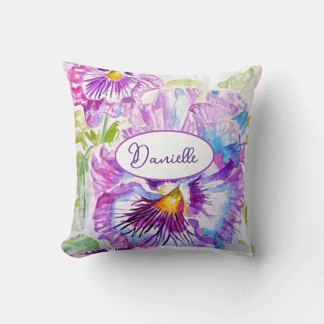 Coussin Motif de fleur de pensée violette Aquarelle Filles (Recto)