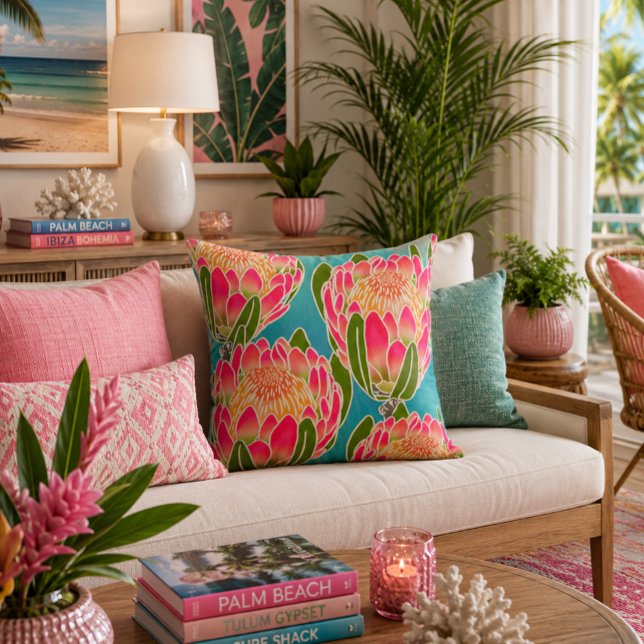 Coussin Motif de fleur de protea roi vibrant sarcelle rose (Créateur téléchargé)