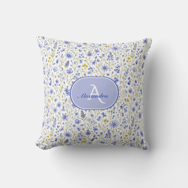 Coussin Motif de fleur sauvage à l'aquarelle bleue Nom per (Recto)