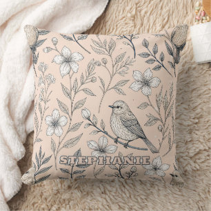 Coussin Motif de fleur sauvage de pêche vintage Songbird