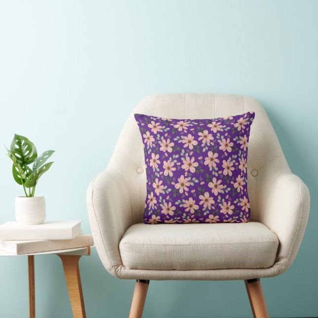 Coussin motif de fleurs aquarelles roses  (Chaise)