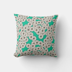 Coussin Motif de fleurs Art déco - blanc sur turquoise