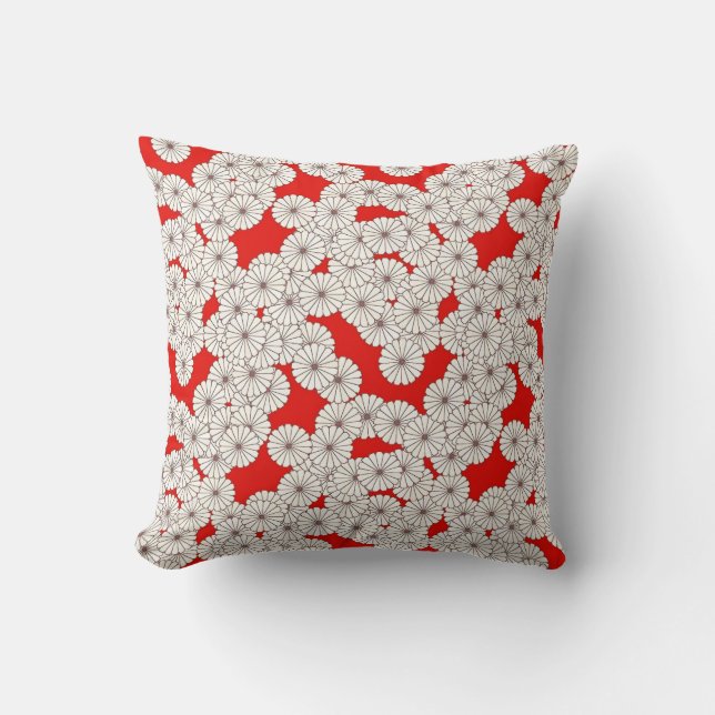 Coussin Motif de fleurs Art déco - crème sur rouge (Recto)