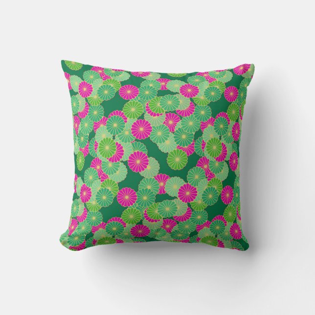 Coussin Motif de fleurs Art Déco - tons verts, fuchsia (Recto)