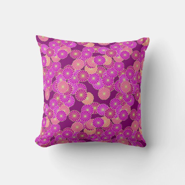 Coussin Motif de fleurs Art Déco - tons violet, corail (Recto)