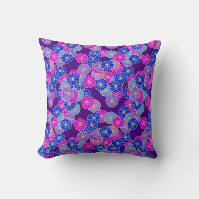 Coussin Motif de fleurs Art Déco - violet, bleu et violet (Recto)