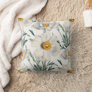 Coussin Motif de fleurs de pavot de Californie blanc