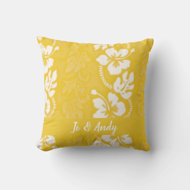 Coussin Motif de fleurs d'Hibiscus jaune blanc hawaïen (Recto)