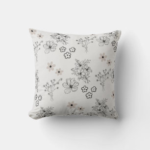 Coussin Motif de fleurs hippie gris noir rétro Y2K