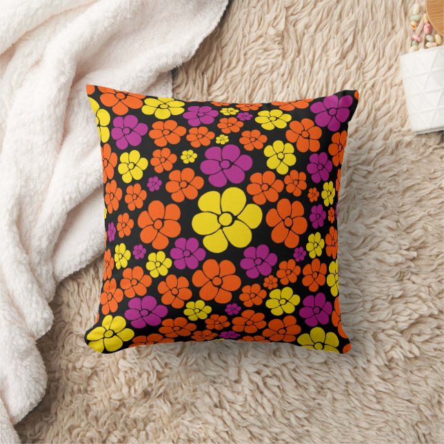 Coussin Motif de fleurs - Noir, Rose, Orange et Jaune (Couverture)