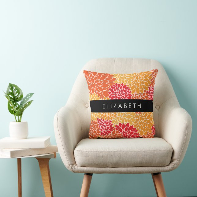 Coussin Motif De Fleurs, Orange Dahlia, Votre Nom (Chaise)