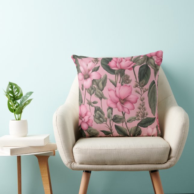 Coussin Motif de fleurs roses botaniques (Chaise)