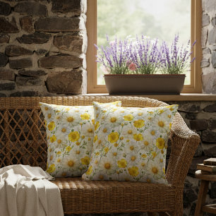 Coussin Motif de fleurs sauvages à l'aquarelle jaune