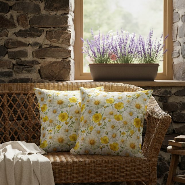 Coussin Motif de fleurs sauvages à l'aquarelle jaune  (Créateur téléchargé)