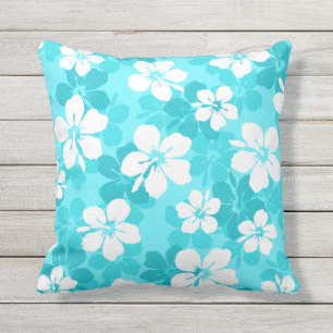Coussin Motif de fleurs tropicales bleu et blanc Hibiscus