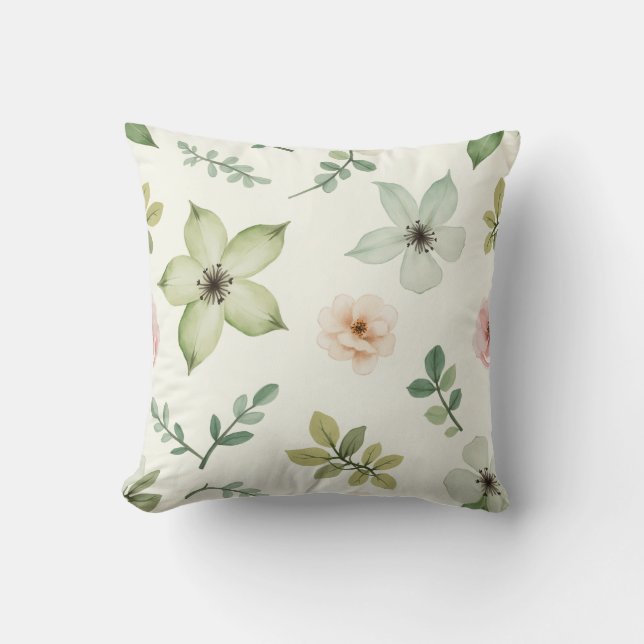 Coussin Motif de fleurs vert aquarelle (Recto)