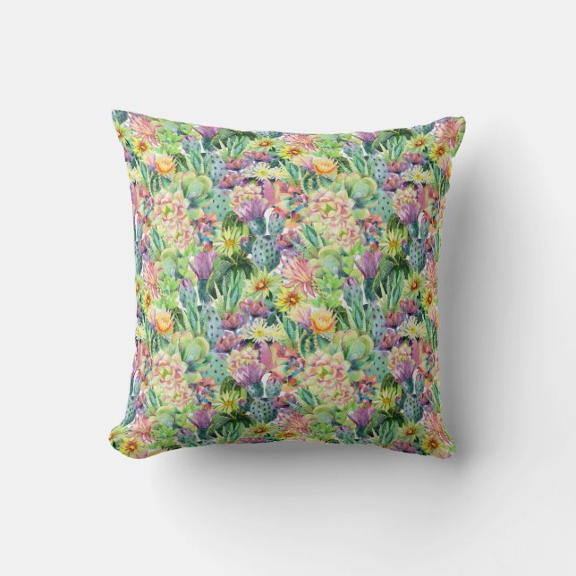 Coussin Motif de floraison exotique de cactus d'aquarelle (Recto)