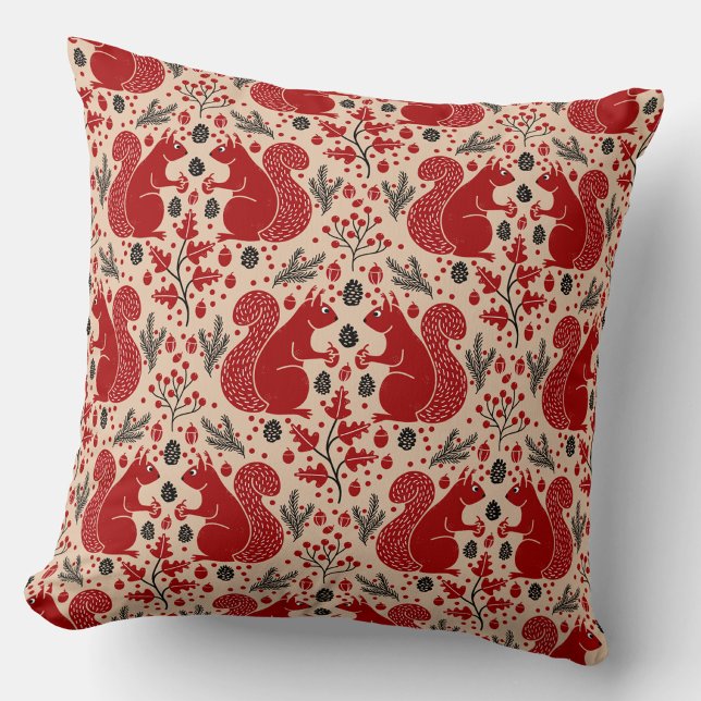 Coussin Motif de forêt boisée aux écureuils (Squirrels in the Forest woodland art throw pillow)