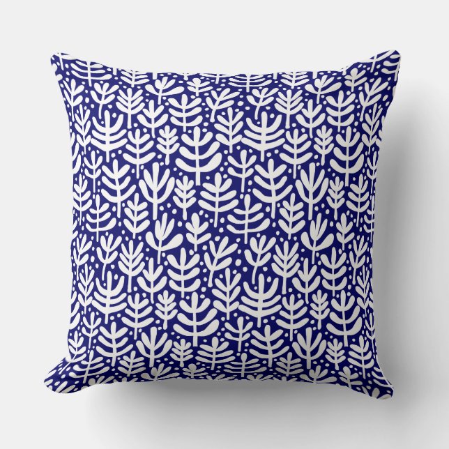 Coussin Motif de fougère - Blanc sur bleu foncé (Recto)