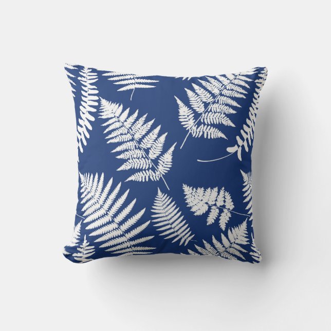 Coussin Motif de fougères de bois, bleu de cobalt et blanc (Recto)