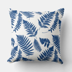 Coussin Motif de fougères de bois, bleu de Cobalt sur blan