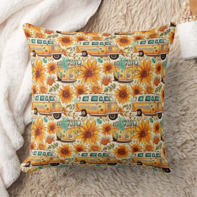 Coussin Motif de fourgonnette rétro tournesol – Bohème Hip (Couverture)