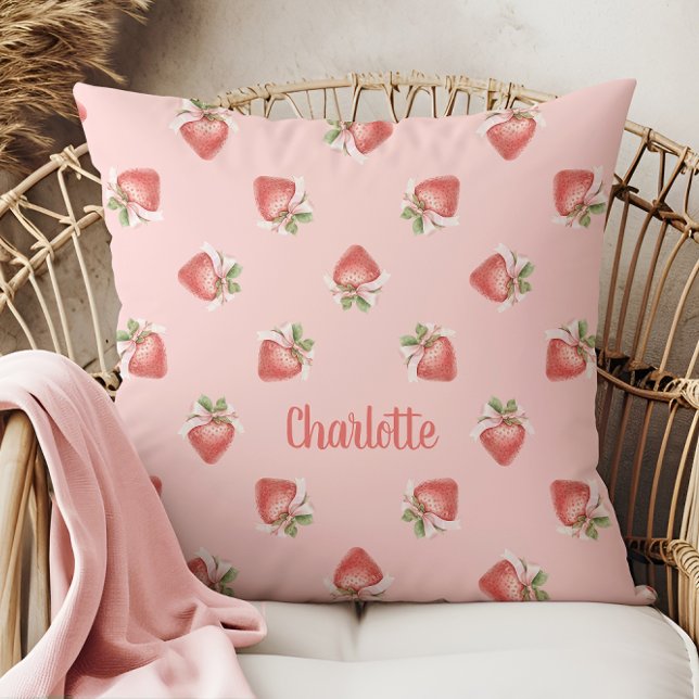 Coussin Motif de fraises roses Coquette Bow (Créateur téléchargé)