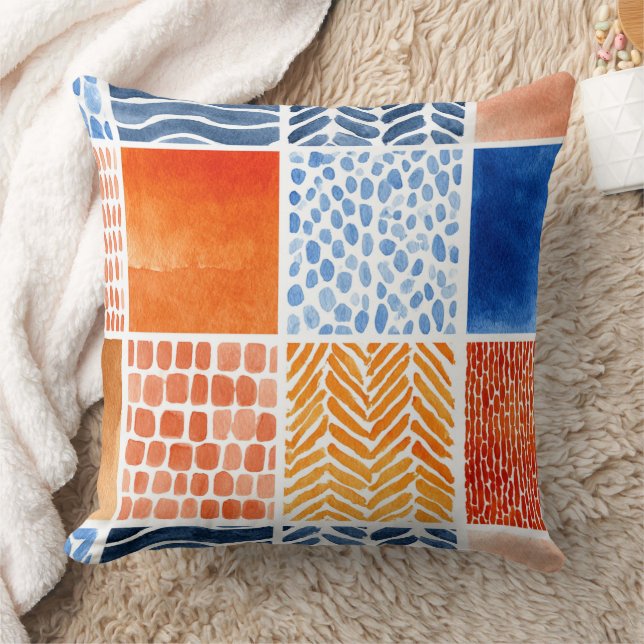Coussin Motif de grille aquarelle dynamique en bleu et ora (Couverture)