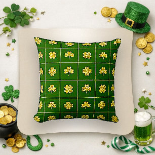 Coussin Motif de grille vert Trèfle en feuille d'or