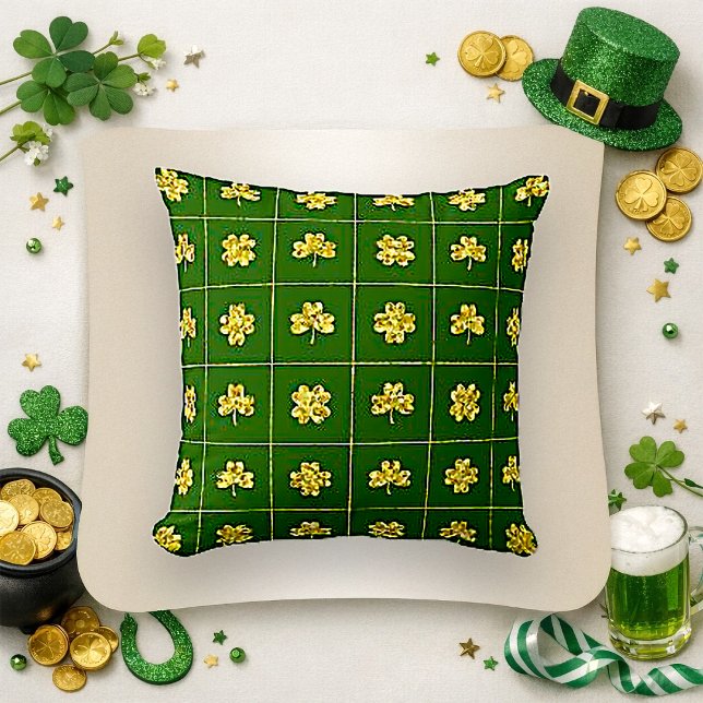 Coussin Motif de grille vert Trèfle en feuille d'or (Créateur téléchargé)