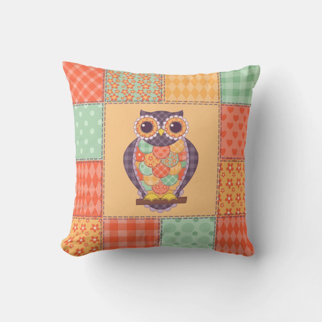 Coussin Motif de hibou en patchwork sans couture. Arrière  (Recto)
