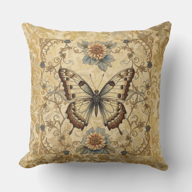 Coussin Motif de jardin classique, papillon et fleurs  (Recto)
