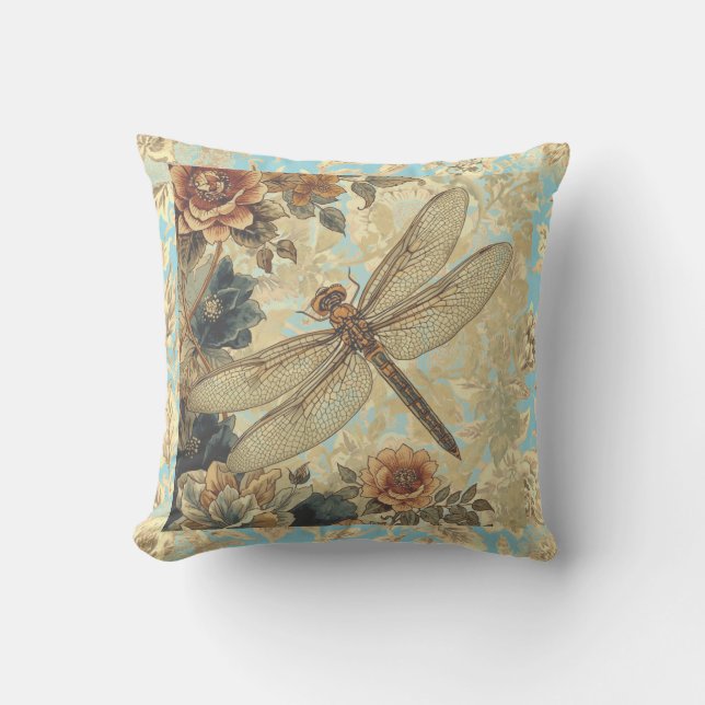 Coussin Motif de jardin vintage libellule et fleurs (Recto)