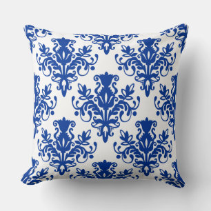 Coussin Motif de la damassé 02 - bleu marine sur le blanc