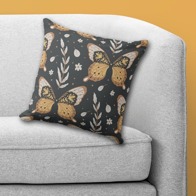 Coussin Motif de la feuille de papillon Boho sur bleu mari (Créateur téléchargé)