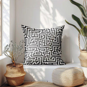 Coussin Motif de labyrinthe géométrique noir sur blanc